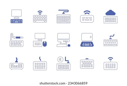 Keyboard icon set. Duotone style line stroke and bold. Vector illustration. Containing computer, keyboard, wireless keyboard, cloud, online education, laptop.