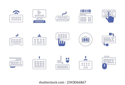 Keyboard icon set. Duotone style line stroke and bold. Vector illustration. Containing keyboard, monitor, keyboard variant, keyboard and mouse.