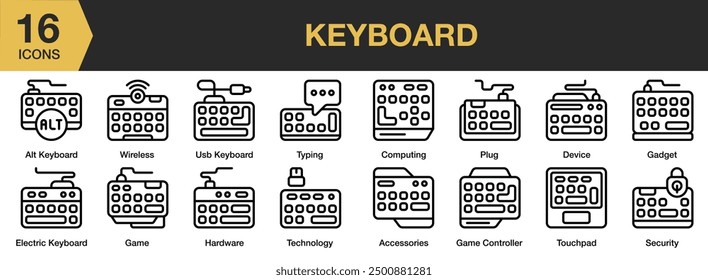 Keyboard icon set. Includes device, accessories, alt keyboard, computing, game, and More. Outline icons vector collection.