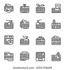 Keyboard icon set. Includes device, accessories, alt keyboard, computing, game, and More. Outline icons vector collection.