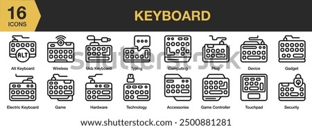 Keyboard icon set. Includes device, accessories, alt keyboard, computing, game, and More. Outline icons vector collection.