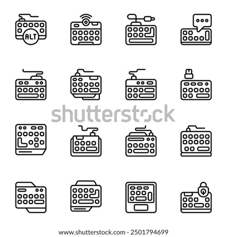 Keyboard icon set. Includes device, accessories, alt keyboard, computing, game, and More. Outline icons vector collection.