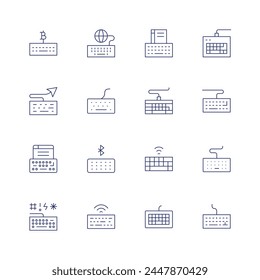 Tastatursymbol gesetzt. Dünne Linie Symbol. Bearbeitbarer Strich. Eindämmung Cybermobbing, Computer, Veröffentlichen, Tastatur.