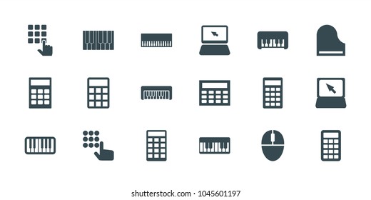 Keyboard icons. set of 18 editable filled keyboard icons: piano toy, calculator, piano, hand on atm, calclator, laptop