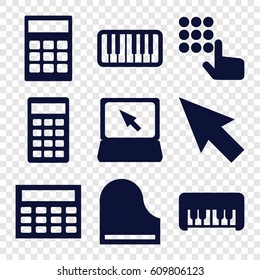 Keyboard icons set. set of 9 keyboard filled icons such as piano toy, laptop, piano, calculator, calclator, pointer