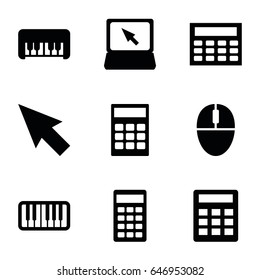 Keyboard icons set. set of 9 keyboard filled icons such as piano toy, laptop, piano, calculator, mouse, calclator