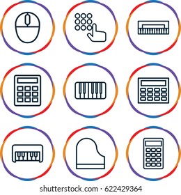 Keyboard icons set. set of 9 keyboard outline icons such as piano toy, piano, calculator, mouse, hand on atm