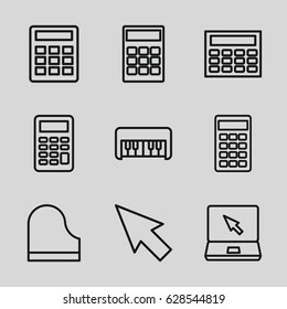 Keyboard icons set. set of 9 keyboard outline icons such as piano toy, laptop, piano, calculator, pointer