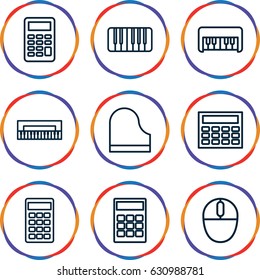 Keyboard icons set. set of 9 keyboard outline icons such as piano toy, piano, calculator, mouse