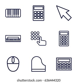 Keyboard icons set. set of 9 keyboard outline icons such as piano, calculator, mouse, pointer, hand on atm