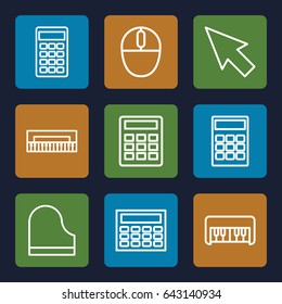 Keyboard icons set. set of 9 keyboard outline icons such as piano toy, piano, calculator, mouse, pointer