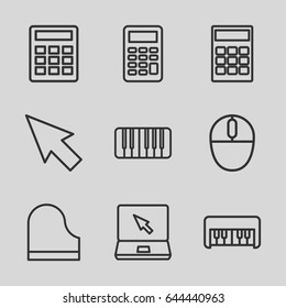 Keyboard icons set. set of 9 keyboard outline icons such as piano toy, laptop, piano, mouse, calculator