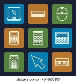 Keyboard icons set. set of 9 keyboard outline icons such as piano toy, laptop, calculator, mouse, pointer, piano