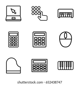 Keyboard icons set. set of 9 keyboard outline icons such as piano toy, laptop, piano, calculator, mouse, hand on atm