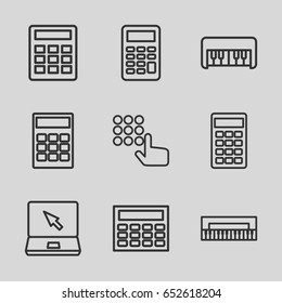 Keyboard icons set. set of 9 keyboard outline icons such as piano toy, laptop, calculator, hand on atm, piano