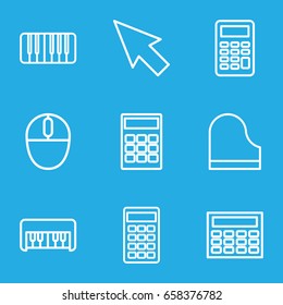 Keyboard icons set. set of 9 keyboard outline icons such as piano toy, piano, calculator, mouse, pointer