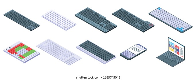 Keyboard icons set. Isometric set of keyboard vector icons for web design isolated on white background