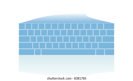 Keyboard illustration flying in from the horizon with reflection on ground.