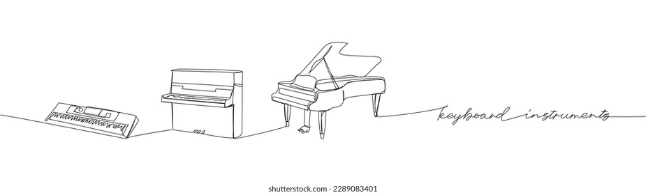 Keyboard instruments set piano, synthesizer one line art. Continuous line drawing of piano, chord, antique, music, keyboard, concert, instrument classic with an inscription, lettering, handwritten.