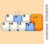 Keyboard Keys Forming “BYE 2025”. Creative keyboard key arrangement forming message for farewell theme with colorful keycaps in modern digital illustration style