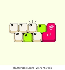 Keyboard Keys Forming “Stop War”. Creative keyboard key arrangement forming message for peace and stop the war with colorful keycaps in modern digital illustration style