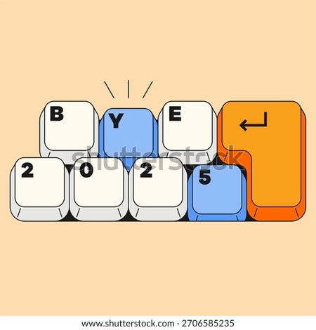 Keyboard Keys Forming “BYE 2025”. Creative keyboard key arrangement forming message for farewell theme with colorful keycaps in modern digital illustration style