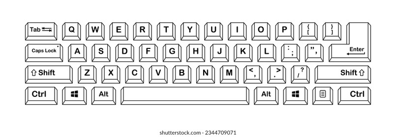 Keyboard. Linear, black, computer keyboard, keyboard keys, English layout. Vector illustration