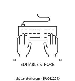 Keyboard linear icon. Professional freelancer. Copywriter work. Enter information with keypad. Thin line customizable illustration. Contour symbol. Vector isolated outline drawing. Editable stroke