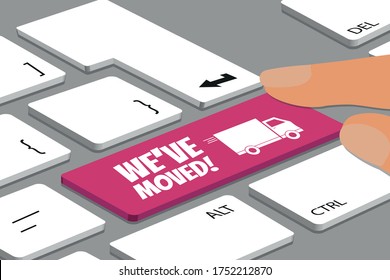 Keyboard With Magenta Color We´ve Moved Button - Computer Or Laptop With Fingers - Vector Illustration