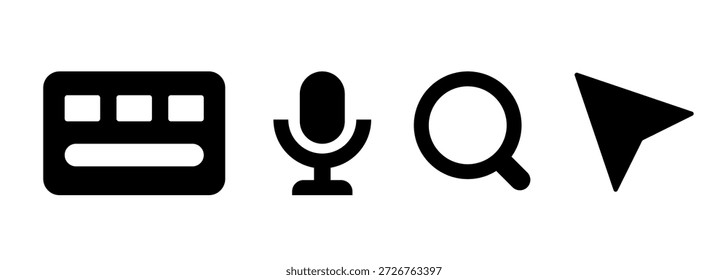 Teclado, micrófono, búsqueda, flecha del ratón. Iconos de dispositivos de entrada. Iconos planos de Vector.