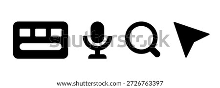 Keyboard, microphone, search, mouse arrow. Input devices icons. Vector flat icons.