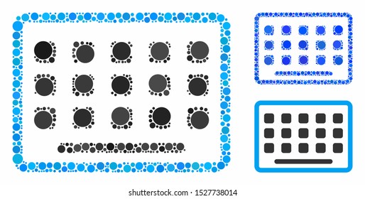 Keyboard mosaic of circle elements in various sizes and shades, based on keyboard icon. Vector circle elements are composed into blue collage. Dotted keyboard icon in usual and blue versions.