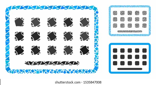 Keyboard mosaic of ragged parts in different sizes and color tones, based on keyboard icon. Vector unequal dots are united into collage. Keyboard icons collage with dotted pattern.