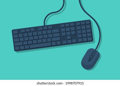 Keyboard and mouse. Computer equipment. Vector illustration flat design. Isolated on background. Office worker workplace. 