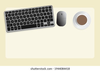 Keyboard, mouse, and a cup of coffee with a light beige background - Vector Illustration