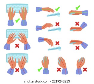 Postura del teclado y las manos del ratón. Posición correcta e incorrecta de la mano para el mecanizado de texto, la muñeca y las posiciones de los brazos para los usuarios de computadoras conjunto de ilustraciones vectoriales del trabajo correcto del ratón en el equipo