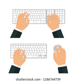 Keyboard and mouse. Hands of user. View from above - stock vector.
