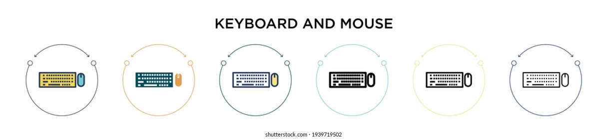 Keyboard and mouse icon in filled, thin line, outline and stroke style. Vector illustration of two colored and black keyboard and mouse vector icons designs can be used for mobile, ui, web