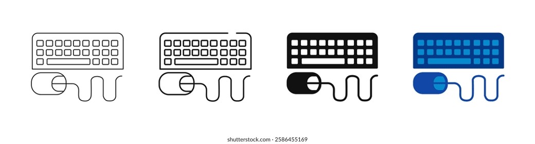 Keyboard and mouse icons set. Linear, silhouette and flat style. Vector illustration.