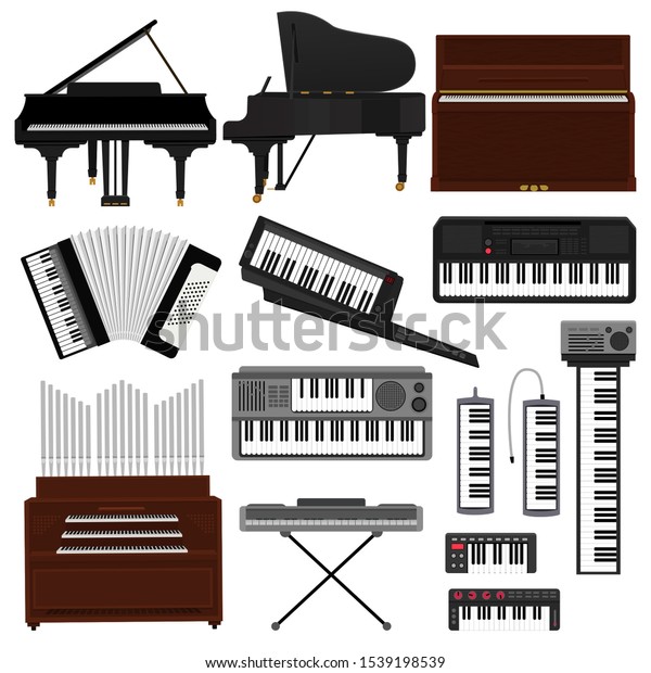 Keyboard musical instrument vector musician\
equipment piano of orchestra synthesizer accordion classical\
pianoforte organ illustration. Set of music key board forte-piano\
isolated on white\
background.