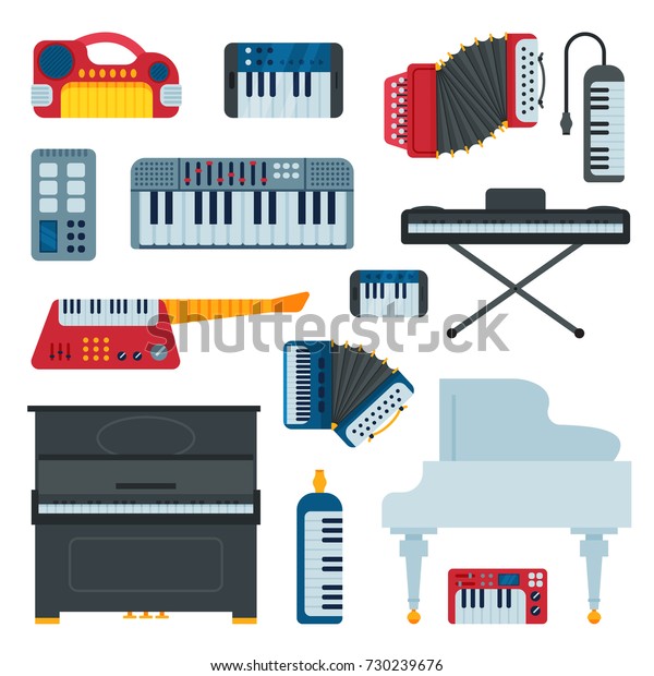 Keyboard musical instruments musician equipment and\
orchestra piano composer electronic sound vector illustration\
isolated on white