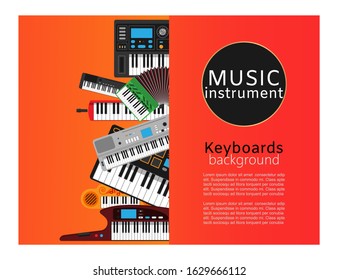Keyboard musical instruments shop with classical piano, electronic synthetiser, studio acoustic musician equipment vector illustration. Musical keyboard instruments store poster.