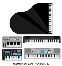 Keyboard musical instruments vector classical piano melody studio acoustic shiny musician equipment electronic sound illustration.