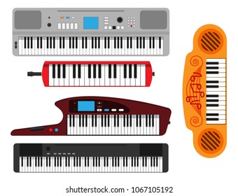 Keyboard musical instruments vector classical piano melody studio acoustic shiny musician equipment electronic sound illustration.