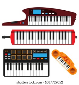 Keyboard musical instruments vector classical piano melody studio acoustic shiny musician equipment electronic sound illustration.