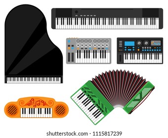 Keyboard musical instruments vector classical piano melody studio acoustic shiny musician equipment electronic sound illustration.