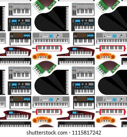Keyboard musical instruments vector classical piano melody studio acoustic shiny musician equipment electronic sound seamless pattern background illustration.