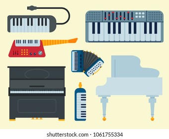 Keyboard musical vector instruments isolated classical melody studio acoustic shiny musician equipment and orchestra piano composer electronic sound tool. Classic song chord concert entertainment