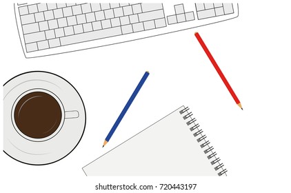 keyboard, notebook, coffee, top view. business work. vector illustration.