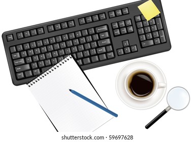 Keyboard and office supplies. Vector.